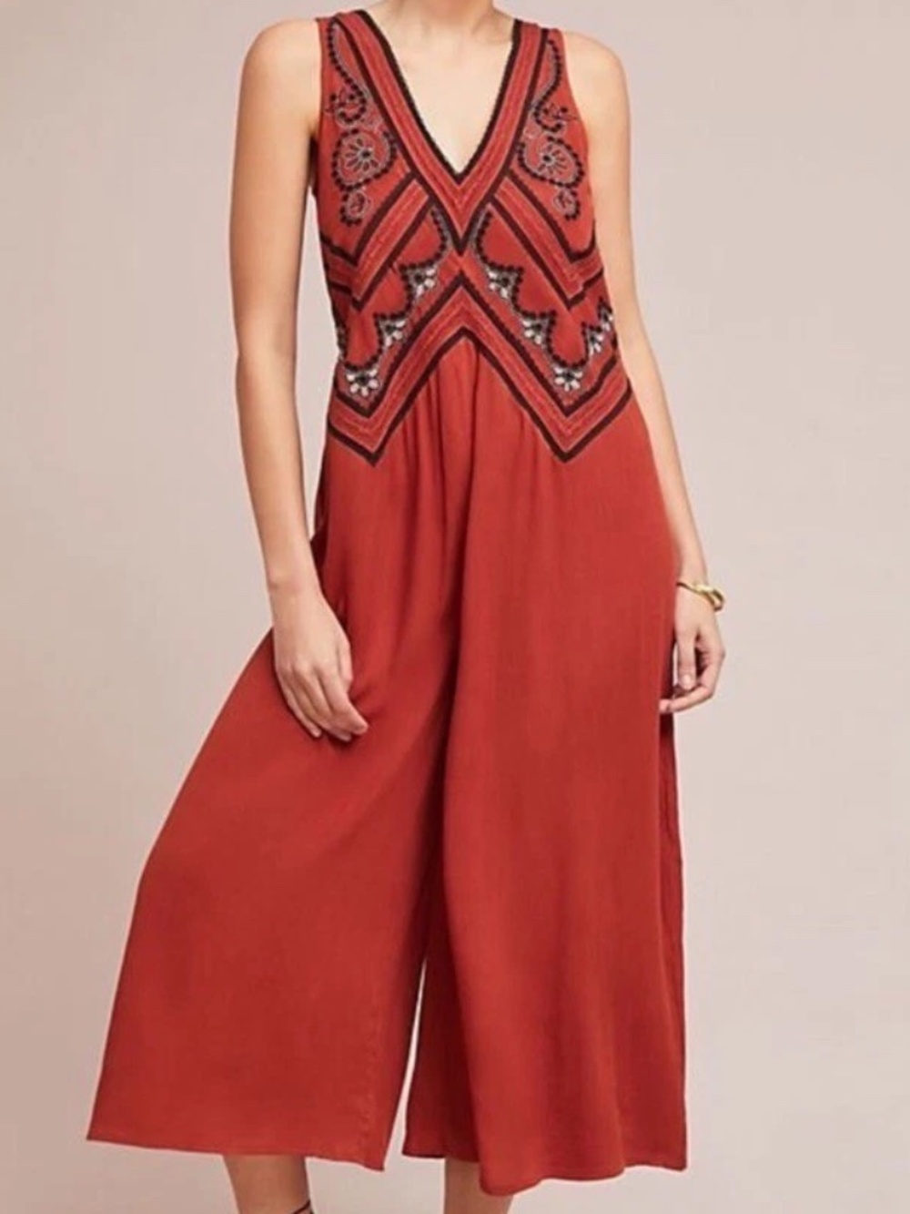 Anthropologie Maeve Womens Sz 0 Orange Embroidered Desert Wide Leg Jumpsuit